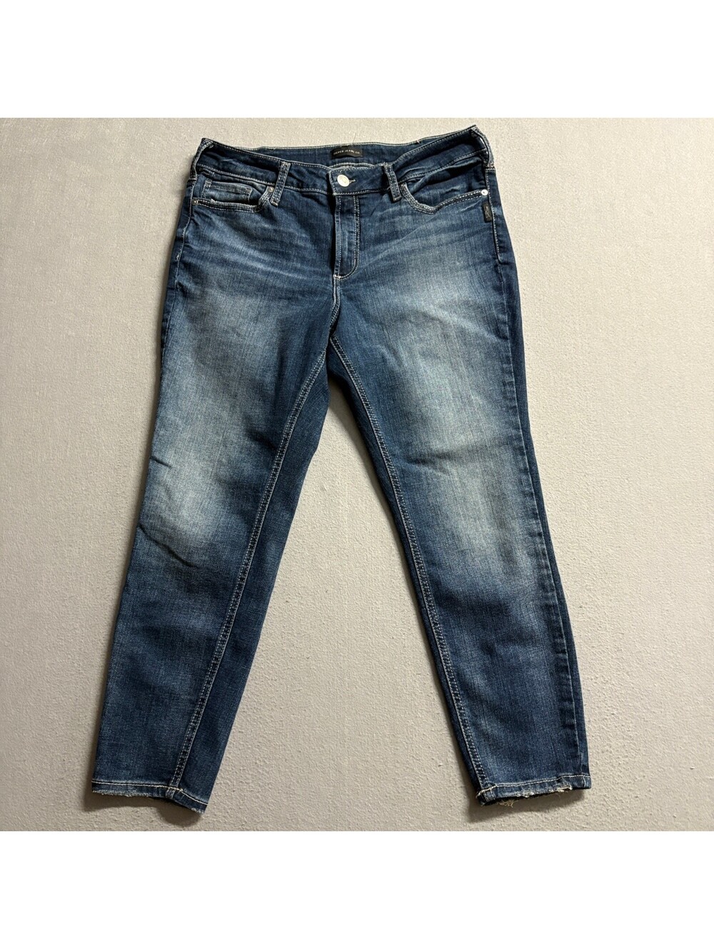 Silver Jeans Co Suki Skinny Crop Jeans Womens 12W L26 Blue Denim Distressed Hem